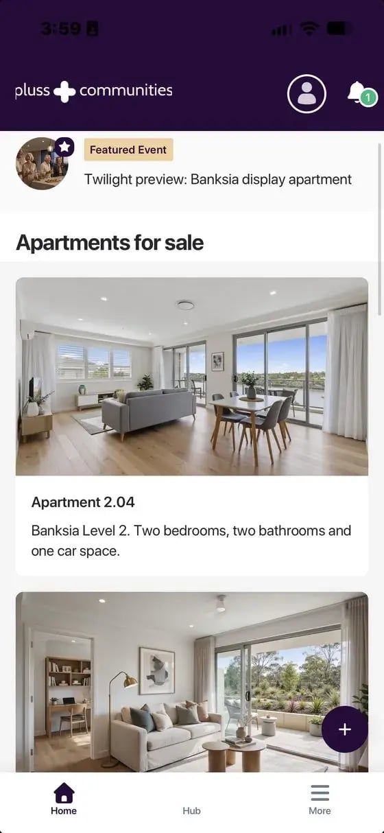 Pluss app home screen with the featured twilight preview and apartments for sale