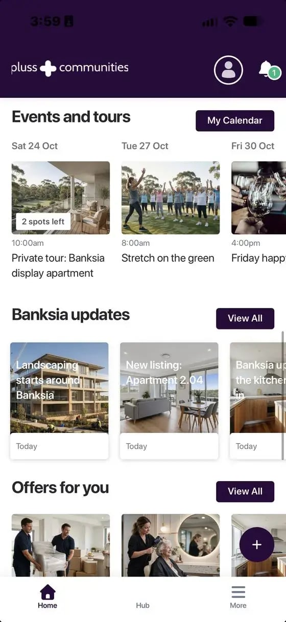 Home screen with events and tours, and Banksia updates