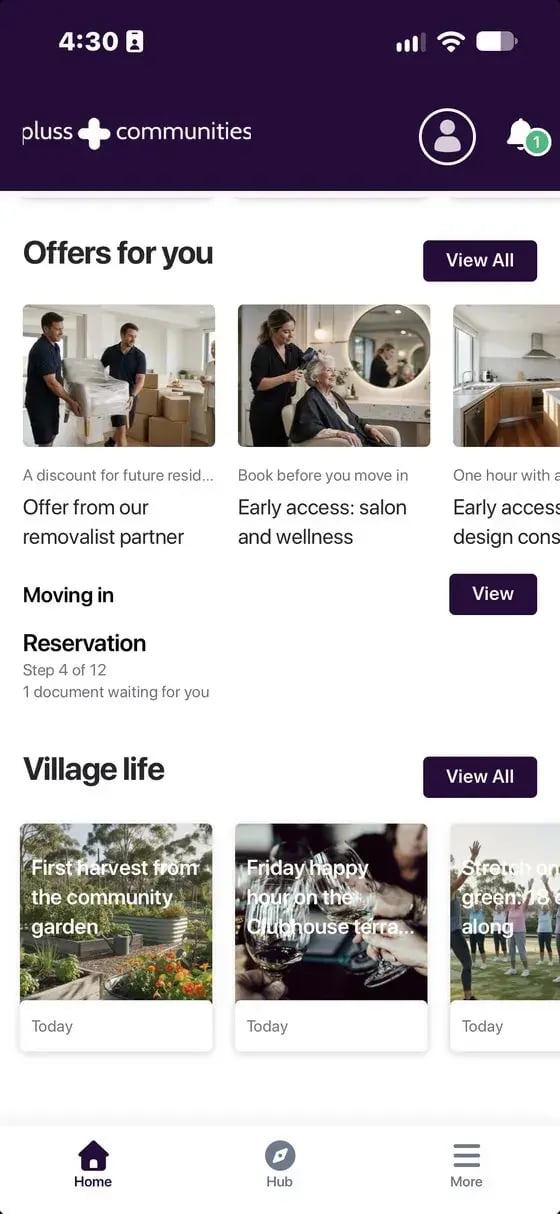 Pluss app home screen with Offers for you, Moving in, and Village life posts including Stretch on the green